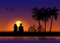 Graphics image A couple man and women sitting look at sunset on the beach design vector illustration