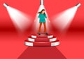 Graphics image girl cartoon character riding a skateboard or surf skate standing on podium with spotlight red background vector Royalty Free Stock Photo