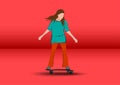 Graphics image girl cartoon character riding a skateboard or surf skate standing red background vector illustration Royalty Free Stock Photo