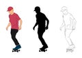 Graphics image man cartoon character riding a skateboard or surf skate standing body silhouette outline  vector illustration Royalty Free Stock Photo