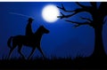 Graphics image the man ride horse silhouette twilight is a moon to night with mountain background, design