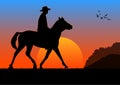Graphics image the man ride horse with silhouette twilight is a sunset vector illustration