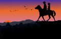 Graphics image the man and women ride horse on mountain silhouette twilight is a sunset background, design Royalty Free Stock Photo