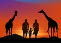 Graphics landscape view father mother and son with a giraffe at the forest with mountain background and twilight silhouette vector Royalty Free Stock Photo