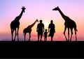 Graphics landscape view father mother and son with a giraffe at the forest with mountain background and twilight silhouette vector Royalty Free Stock Photo