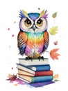 graphics large colorful owl sitting on books