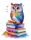 graphics large colorful owl sitting on books