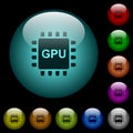 Graphics processing unit icons in color illuminated glass buttons