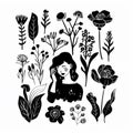 graphics set girly linocut in the style of black ink on white background, vintage style, woodcut print texture, simple