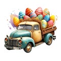 graphics watercolor retro pick up carrying colorful Easter eggs