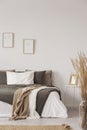 Graphics in wooden frames on white empty copy space wall in bedroom with comfortable bed with black and grey pillows and duvet