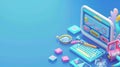 Graphik landing page for service for keyword optimization and keyword research with isometric website interface on blue