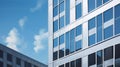 Graphite facade and large windows on a fragment of an office building against a blue sky created with Generative AI Royalty Free Stock Photo