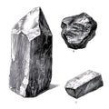 Graphite pencil sketch of three different stones a crystal, a rough rock, and a rectangular stone Royalty Free Stock Photo
