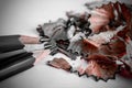 Sharpened graphite pencils with a pile of its wooden shavings made by sharpener