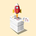 Graphs on Business Documents Heap with Rocket Launch Design Royalty Free Stock Photo