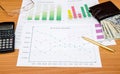 Graphs, charts, business table with money, calculator Royalty Free Stock Photo