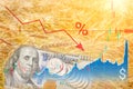 Graphs of falling production and rising grain prices, against the background of a field and a 100 US banknote. The Royalty Free Stock Photo