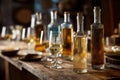 Grappa tasting setup with multiple bottles and glasses on a wooden table, selective focus and warm lighting Royalty Free Stock Photo