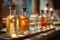 Grappa tasting setup with multiple bottles and glasses on a wooden table, selective focus and warm lighting Royalty Free Stock Photo