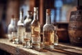 Grappa tasting setup with multiple bottles and glasses on a wooden table, selective focus and warm lighting Royalty Free Stock Photo