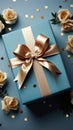 Grasping paper gift box, blue bow, sequins on pastel. Top-view elegance captured.