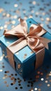 Grasping paper gift box, blue bow, sequins on pastel. Top-view elegance captured.