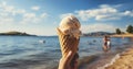 Grasping Summer\'s Delight with Ice Cream at the Beach. Generative AI