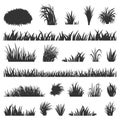 Grass black silhouettes. Bush silhouette, isolated meadow or lawn borders. Forest elements, decorative spring summer