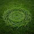 Grass blades are intricately arranged in a spiraling pattern, creating a striking visual effect on a freshly mowed lawn Royalty Free Stock Photo