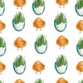 Grass in blue egg shell and chick watercolor seamless pattern