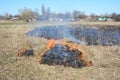 Grass burning near village houses. Burning grass releases more nitrogen pollution than burning wood