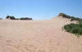 Grass covered sand dunes with footprints against a blue summer sky on the merseyside coast between formby and freshfield Royalty Free Stock Photo