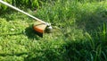 Grass cutting in the garden with trimmer. Royalty Free Stock Photo