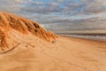 Grass dune in the evening light with a view of the sea