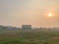 Grass field near the factory