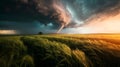 Grass field under siege: Tornado in a dramatic stormscape AI Image Royalty Free Stock Photo