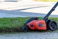 Grass flying in the air after being cut by an edger on a sunny winter afternoon