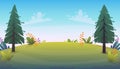 Grass glade lawn in the forest background,  joyful bright kids green field, cartoon style hill summer sun clear sky with clouds Royalty Free Stock Photo