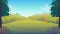 Grass glade lawn in the forest background, joyful bright kids green field, cartoon style hill summer sun clear sky with clouds Royalty Free Stock Photo