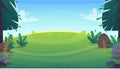 Grass glade lawn in the forest background, joyful bright kids green field, cartoon style hill summer sun clear sky with clouds Royalty Free Stock Photo