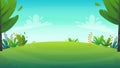 Grass glade lawn in the forest background, joyful bright kids green field, cartoon style hill summer sun clear sky with clouds Royalty Free Stock Photo