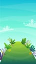 Grass glade lawn in the forest background, joyful bright kids green field, cartoon style hill summer sun clear sky with clouds Royalty Free Stock Photo