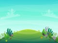 Grass glade lawn in the forest background, joyful bright kids green field, cartoon style hill summer sun clear sky with clouds Royalty Free Stock Photo