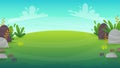 Grass glade lawn in the forest background, joyful bright kids green field, cartoon style hill summer sun clear sky with clouds Royalty Free Stock Photo