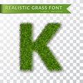 Grass letter K, alphabet 3D design. Capital letter text. Green font isolated white transparent background, shadow