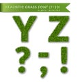 Grass letters Y, Z, question, exclamation mark, coma, apostrophe, minus hyphen dash symbol. Set alphabet 3D design