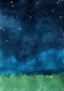 Grass meadow with night sky watercolor hand painting background.