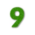 Grass number nine. Green number 9, isolated on white background. Green grass 3D nine, symbol of fresh nature, plant lawn