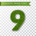 Grass number nine. Green number 9, isolated on white transparent background. Green grass 3D nine, fresh symbol of nature